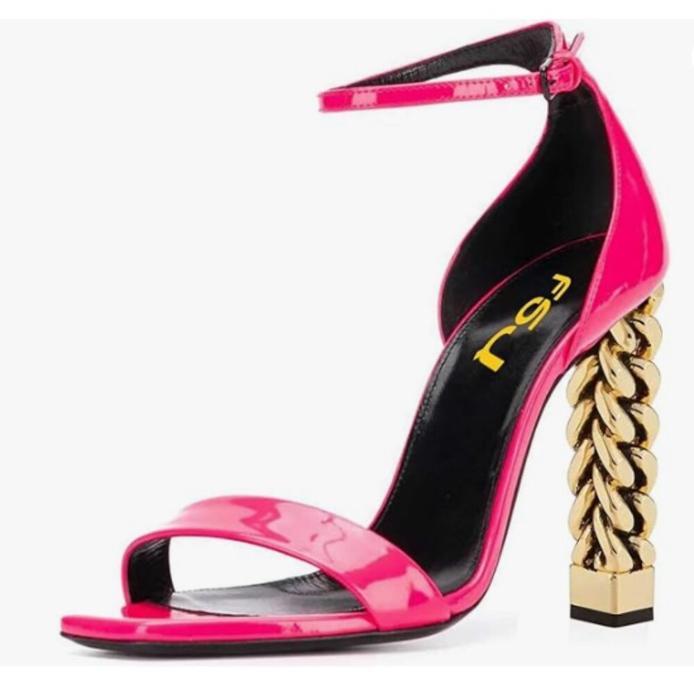 FSJ Hot Pink Gold Metal Chain Chunky High Heels Ankle Strap Sandals Open Toe Fas